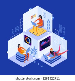 People interacting with analyzing statistics and  charts. Workflow and business management. 3D vector isometric illustration.