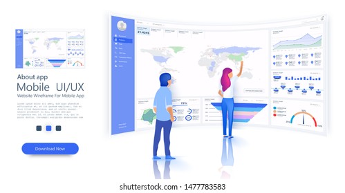 People interacting with analyzing statistics and charts. Workflow and business management. Data Analysis for website and mobile website. Landing page template. Analytics admin dashboard. Vector 