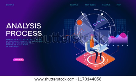 People interacting with analyzing statistics and  charts. Workflow and business management. 3D vector isometric illustration.