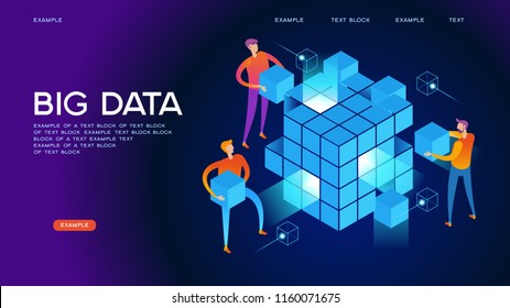 People Interacting With Big Data. Data Visualization Concept. 3d Isometric Vector Illustration. Page Template. 