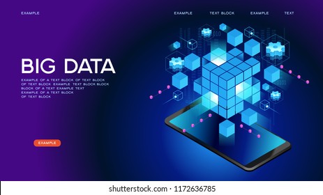 People interacting with big data. Data visualization concept. 3d isometric vector illustration. Page template. 