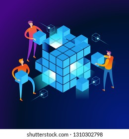 People interacting with big data. Data visualization concept. 3d isometric vector illustration. Page template. 