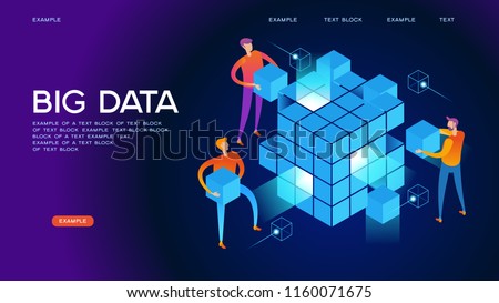 People interacting with big data. Data visualization concept. 3d isometric vector illustration. Page template. 