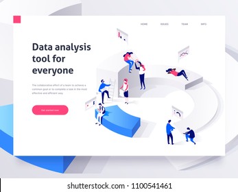People interacting with charts and analysing statistics and data. Landing page template. 3d isometric vector illustration.