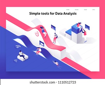 People interacting with charts and analysing statistics and data. Landing page template. 3d isometric vector illustration.