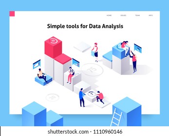 People interacting with charts and analysing statistics and data. Landing page template. 3d isometric vector illustration.