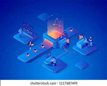 People interacting with charts and analysing statistics. Data visualisation concept. 3d isometric vector illustration.