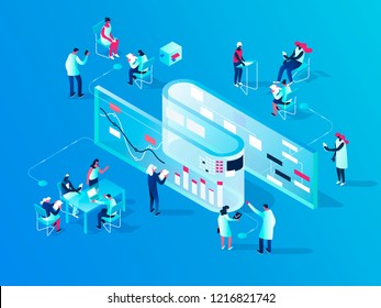 People Interacting With Charts And Analysing Statistics. Vector Data Visualisation Concept. 3d Isometric Illustration