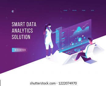 People Interacting With Charts And Analysing Statistics. Virtual Augmented Reality. Customer Tracking Software. Data Visualisation Concept. 3d Isometric Vector Illustration.