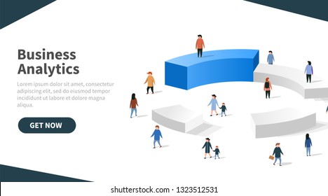 People interacting with charts and analysing statistics and data. Landing page template. Vector illustration
