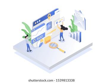 People Interacting With Charts And Analysing Statistics. Data Visualisation Concept. 3d Isometric Vector Illustration.