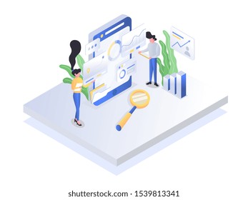 People Interacting With Charts And Analysing Statistics. Data Visualisation Concept. 3d Isometric Vector Illustration.