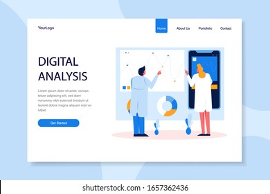 People interacting with charts and analysing statistics and data vector illustration concept group of young people make a plan can use for, landing page, template, ui, web, mobile app, poster, banner