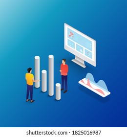 People Interacting With Charts And Analysing Statistics. Data Visualisation Concept. 3d Isometric Vector Illustration.