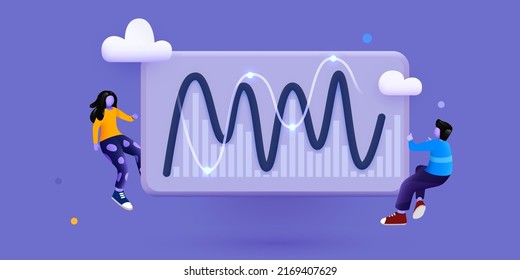 Personas interactuando con gráficos, analizando estadísticas y datos. Elementos de solución comercial. Concepto de trabajo en equipo. Ilustración del vector