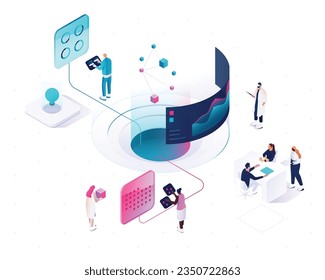 People interacting with charts and analysing statistics. Data visualisation concept. 3d isometric vector illustration. Data funnel idea