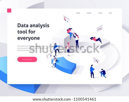 People interacting with charts and analysing statistics and data. Landing page template. 3d isometric vector illustration.