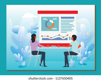 People interacting with charts and analyzing statistics. Data visualization concept. 3d isometric vector illustration.	
People interacting with charts and analyzing statistics. Data visualization conc