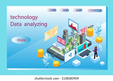 People interacting with charts and analyzing statistics. technology Data visualization concept, 3d isometric vector illustration.