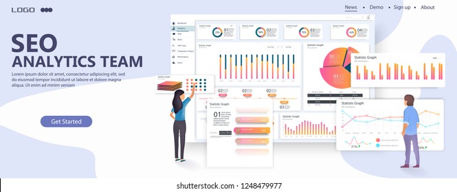 People interacting with charts and analyzing statistics. Data visualization concept. 3d isometric vector illustration.