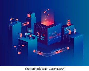 People Interacting With Charts And Analyzing Statistics. Data Visualization Concept. 3d Isometric Vector Illustration.