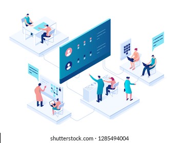 People Interacting With Charts And Analyzing Statistics. Data Visualization Concept. 3d Isometric Vector Illustration.