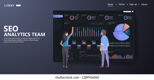 People interacting with charts and analyzing statistics. vector illustration.