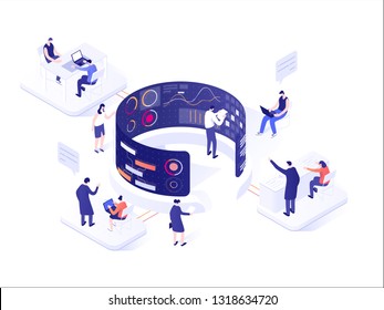 People interacting with charts and analyzing statistics. Data visualization concept. 3d isometric vector illustration.