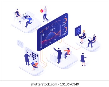 People interacting with charts and analyzing statistics. Data visualization concept. 3d isometric vector illustration.