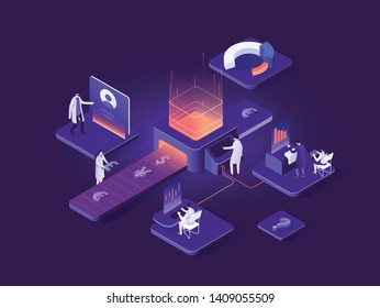 People interacting with charts and analyzing statistics. Data visualization concept. 3d isometric vector illustration.