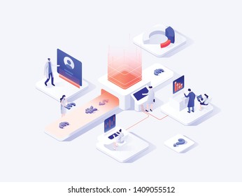 People Interacting With Charts And Analyzing Statistics. Data Visualization Concept. 3d Isometric Vector Illustration.