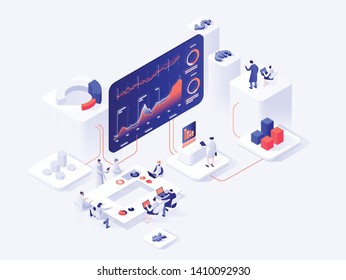 People interacting with charts and analyzing statistics. Data visualization concept. 3d isometric vector illustration.