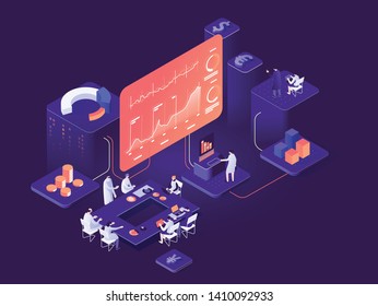 People Interacting With Charts And Analyzing Statistics. Data Visualization Concept. 3d Isometric Vector Illustration.