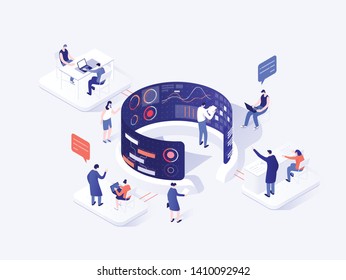 People interacting with charts and analyzing statistics. Data visualization concept. 3d isometric vector illustration.