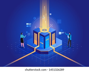 People interacting with charts and analyzing statistics. Data visualization concept. 3d isometric vector illustration.