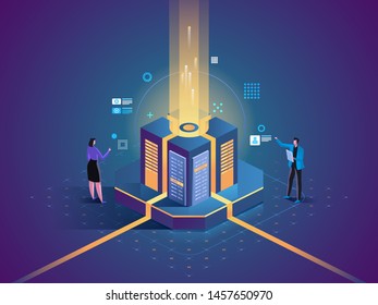 People interacting with charts and analyzing statistics. Data visualization concept. 3d isometric vector illustration.