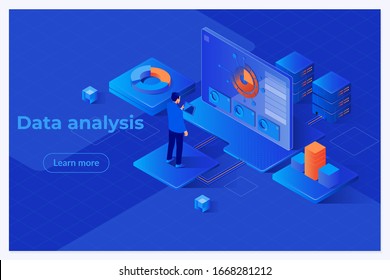 People interacting with charts and analyzing statistics. Data visualization concept. Isometric vector illustration.