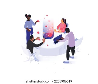 People interacting with charts and analyzing statistics. Data visualization concept. 3d isometric vector illustration.