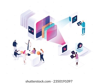 People interacting with charts and analyzing statistics based on Matching opportunities algorithm. Creating user groups. Data visualization concept. 3d isometric vector illustration.