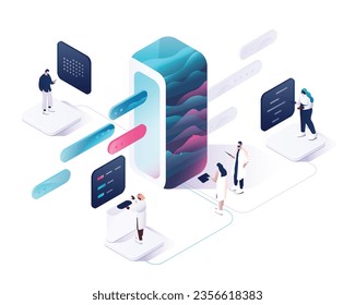 People interacting with charts and analyzing statistics. Data visualization concept. 3d isometric vector illustration.