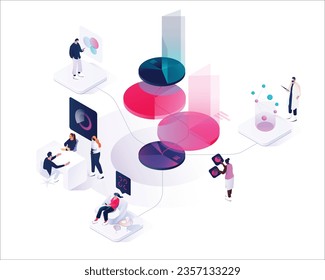 People interacting with charts and analyzing statistics. Data visualization concept. 3d isometric vector illustration. Pie charts idea