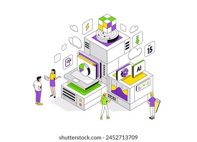 Personas interactuando con gráficas y analizando estadísticas. Concepto de visualización de datos. Ilustración vectorial isométrica 3d.