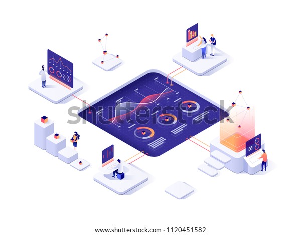 People interacting with charts and analyzing statistics. Data visualization concept. 3d isometric vector illustration.