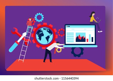People interacting with charts and analyzing statistics.Data visualization concept. 3d isometric vector illustration.