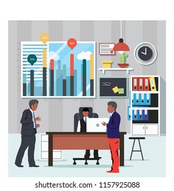 People interacting with charts and analyzing statistics,work in a team and interact with graphs.Data visualization concept. 3d isometric vector illustration.