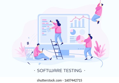 People interacting with charts, testing and analysis software on website. Programming and coding, bug fixing, web development, software testing and development. Flat people vector illustration. Vector