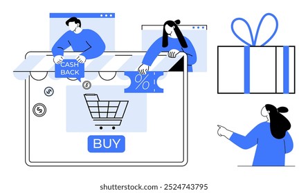 People interacting with a computer to avail cashback offers and discount coupons while shopping online. Ideal for retail promotions, e-commerce, consumer rewards, online shopping benefits