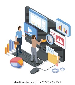 Люди взаимодействуют с элементами компьютерного интерфейса в изометрическом стиле на белом фоне, показывая концепции цифрового анализа, командной работы и управления данными. Ручная векторная иллюстрация