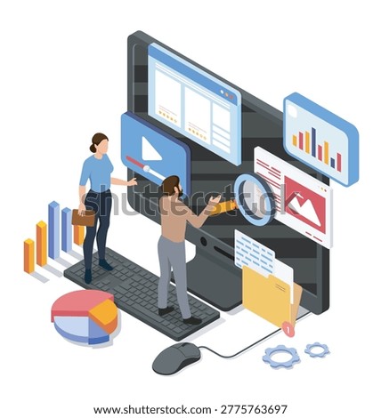 People interacting with computer interface elements in isometric style on white background, showing concepts of digital analysis, teamwork and data management. Hand-drawn vector illustration