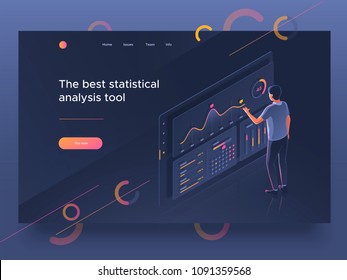 People interacting with a dashboard. Data analysis, statistics collection. Landing page template. Vector 3d illustration